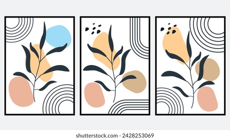Hand draw abstract tropical leaves with hand drawn organic shapes minimalist design wall art or social media contemporary background design