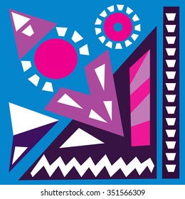 Hand draw acrylic painting composition. Bright background. Ethnic African or Mexican motive. Colorful template of geometric shapes. Abstract art painting.Blue, purple,pink colors Vector illustration.
