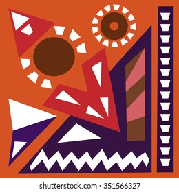 Hand draw acrylic painting composition. Bright background. Ethnic African or Mexican motive. Colorful template with geometric shapes. Abstract art painting. Warm orange  colors Vector illustration.