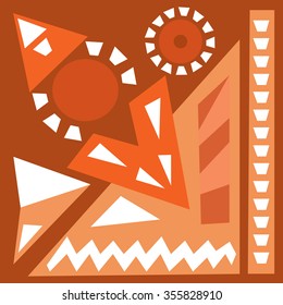 Hand draw acrylic painting composition. Bright background. Ethnic African or Mexican motive. Colorful template with geometric shapes. Abstract art painting. Warm orange  colors Vector illustration.