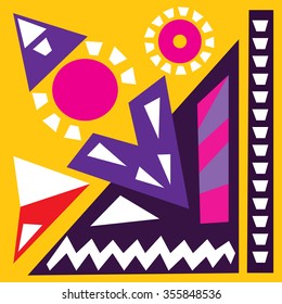 Hand draw acrylic painting composition. Bright background. Ethnic African or Mexican motive. Colorful template with geometric shapes. Abstract art digital painting. Vector illustration.
