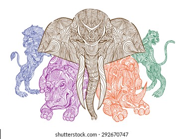 hand draw of african animals (elephant, hippo, rhino, panther, lion) in zentangle style - color.