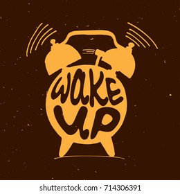 Hand draw Alarm clock illustration with lettering about wake up. Waking up reminder in sketched alarm clock.