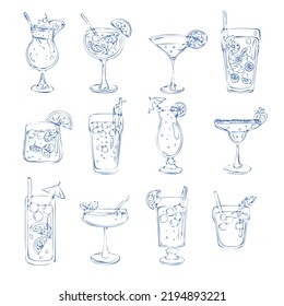 Hand draw alcoholic cocktails Pina colada, aperol shpritz, margarita, mojito, blue lagoon, long island, bloody mary, cosmopolitan, daiquiri, tequila sunrise, gin tonic
