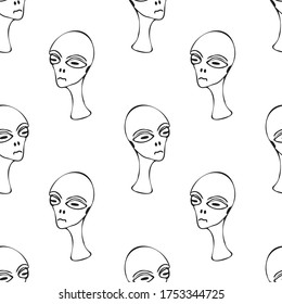 Hand draw aliens and ufo seamless pattern of vector objects and design elements isolated on white background