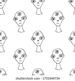 Hand draw aliens and ufo seamless pattern of vector objects and design elements isolated on white background