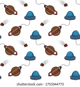 Hand draw aliens and ufo seamless pattern of vector objects and design elements isolated on white background