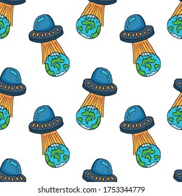 Hand draw aliens and ufo seamless pattern of vector objects and design elements isolated on white background