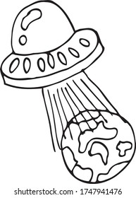 Hand draw aliens and ufo set of vector objects and design elements in monochrome style isolated on white background