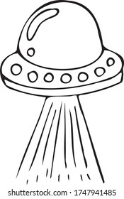 Hand draw aliens and ufo set of vector objects and design elements in monochrome style isolated on white background