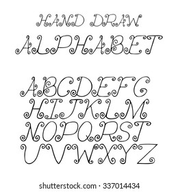 hand draw alphabet letters with curls under the classical bias, to design greeting cards, posters, banners, labels for Web sites, icons