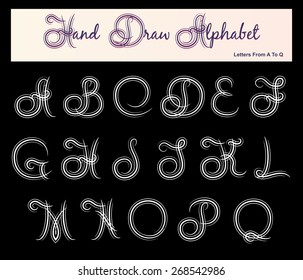 Hand draw alphabet. Letters from a to q. Isolated on black background.