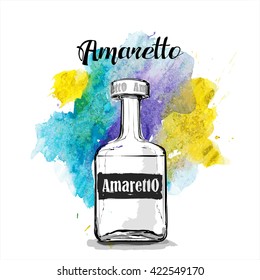 Hand Draw Of Amaretto Bottle. Vector Illustration.