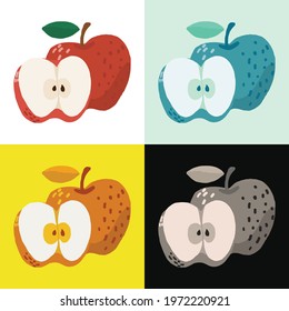 Hand draw apple, Apple cut in half on pop art 4 color. Vector design illustration.