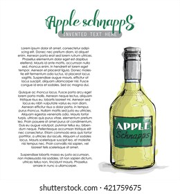 Hand draw of Apple schnapps bottle. Vector illustration.