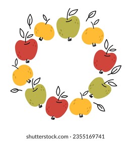 Hand draw apple wreath.Frame with apples and leaves.Seasonal autumn illustration for the design for poster, cards.