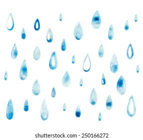 Hand Draw Aquarelle Art Paint Blue Watercolor Rain Drop Vector Illustration.