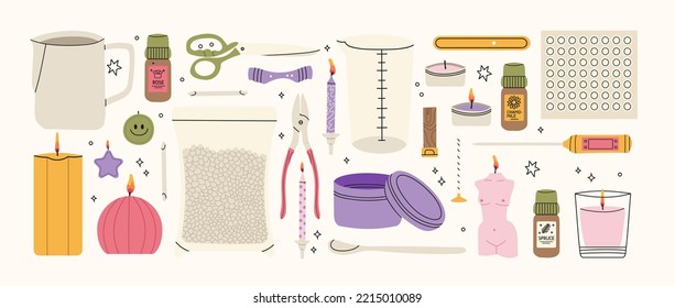 Hand draw aromatic candles ingredients collection. Vector illustrations of candles, wax, fragrance, color, herbs, and skewers. Natural materials for aromatherapy, hobby, handcrafts, candle making.