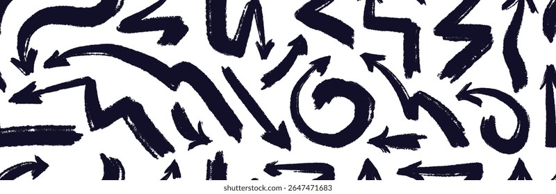 Hand draw arrows, crayon abstract seamless pattern. Vector chalk texture pointers on white backdrop. Texture graffiti art illustration, trendy repeat print