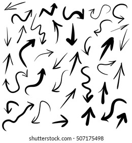 Hand draw arrows set. Arrow of different shapes, linear symbols collection. Pointer direction, isolated vector illustration.