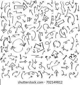 Hand draw arrows set. Different hand drawn doodle, Curved, Sketch, stroke, line, vector arrows. Black arrows isolated on white background.