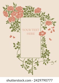 hand draw art deco vintage pink rose floral frame illustration