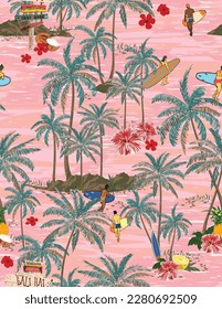 Hand Draw Art Summer Tropical Palm Tree Island With Hawaii Islanders Surf Activity, Car and Spring Floral Seamless Pattern On Light Yellow Background