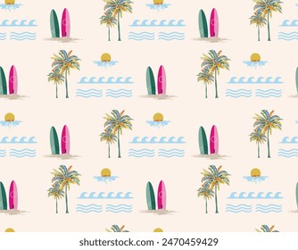 Hand Draw Art Summer women surfer Tropical Palm Tree Island With Hawaii Islanders Surf Activity, Floral Seamless ,Design for fashion , fabric, textile, wallpaper , wrapping and all prints 