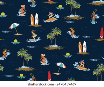 Hand Draw Art Summer women surfer Tropical Palm Tree Island With Hawaii Islanders Surf Activity, Floral Seamless ,Design for fashion , fabric, textile, wallpaper , wrapping and all prints 