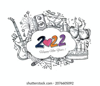 Hand draw artistic sketch 2022 new year card background