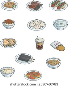 Hand draw Asian and Hong Kong local food 