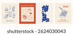Hand draw Asian posters. Vector illustration of food and slow life icons. Minimalist line art. Illustration for invitations, stationery, printables, social media