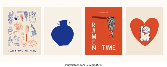 Hand draw Asian posters. Vector illustration of food and slow life icons. Minimalist line art. Illustration for invitations, stationery, printables, social media