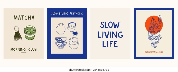 Mão desenhar cartazes asiáticos. Ilustração vetorial de ícones de alimentos e vida lenta. Ilustração para convites, papelaria, impressos, mídias sociais