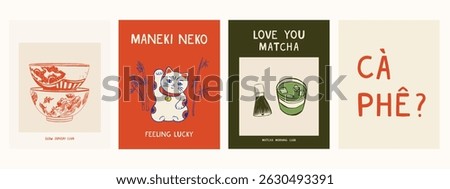 Hand draw Asian posters. Vector illustration of food and slow life icons. Minimalist line art. Illustration for invitations, stationery, printables, social media