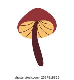 Hand draw autumn brown mushroom with strips isolated on a white background.Single vector illustration in doodle flat style. Clipart cozy illustrations for print, wrapping, packaging.Forest food.