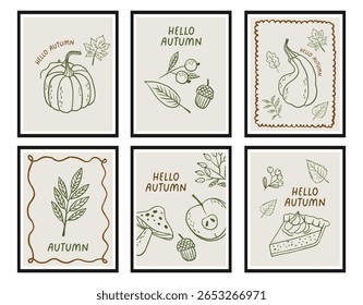 Hand draw autumn collection. Leaves, berries, pumpkin. Crayon drawing style, autumn design