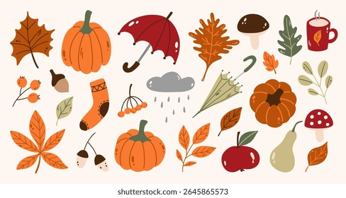 Hand draw autumn elements collection. Pumpkin, leaves, umbrellas, mushrooms.