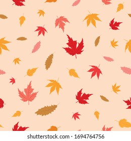Folletos de dibujo manual de otoño repiten sin fisuras el patrón en colores cálidos vector plano. Excelente para el fondo, diseño editorial, tela, ropa, tarjetas, papel para regalo, decoración casera, etc.
