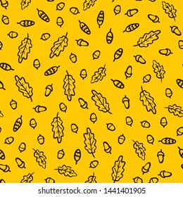 Hand Draw Autumn Oak Leaves Acorns and pine Cones Pattern. Vector Endless Background of Orange and Brown leaf fall. Template for printing on Fabric Wrapping paper Wallpaper Postcards and web Pages