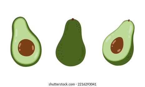 Hand draw avocado set.Tropical  healthy food.Fruit icon isolated.Fresh cartoon avocados isolated on white background. Whole fruit and half.