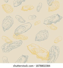 Hand draw background design for line art oyster. seamless pattern design. Color vintage style for Wallpaper, print, packaging, textile design.