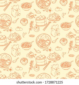 Hand draw background design for Taiwan's street foods. seamless pattern design. include Beef Noodles, Intestine and Oyster Vermicelli, Stinky Tofu and Chicken Cutlet, Soup Dumplings, Minced Pork Rice.