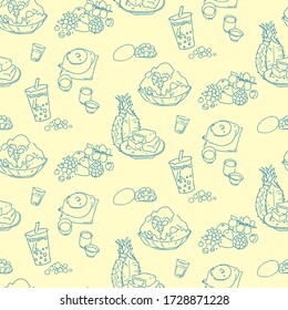 Hand draw background design for Taiwan's street sweets food. seamless pattern design. include Bubble Tea, Shaved Ice and Pineapple Cake.
