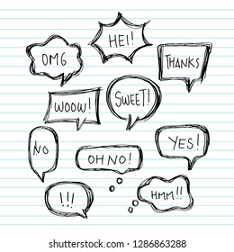 hand draw balloon speech bubbles set with short messages vector illustration