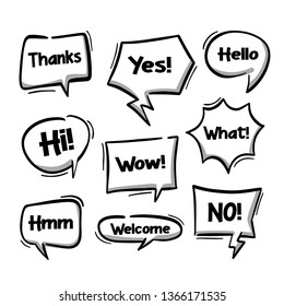 Hand draw balloon speech bubbles set with short messages vector illustration