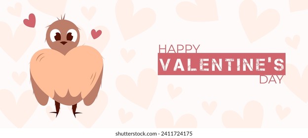 Hand draw banner with bird and hearts for Valentine's day. Happy Valentine's day and button read more. Peach fuzz, red, brow and pink colors.Cartoon and doodle style. Web vector illustration