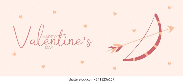 Hand draw banner with bow and arrow hearts for Valentine's day. Happy Valentine's day and button read more. Peach fuzz, red, brow and pink colors.Cartoon style. Web vector illustration