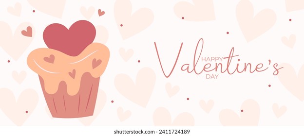 Hand draw banner with cupcake and hearts for Valentine's day. Happy Valentine's day and button read more. Peach fuzz, red, brow and pink colors.Cartoon style. Web vector illustration