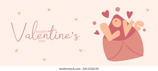 Hand draw banner with envelope hearts and word love for Valentine's day. Happy Valentine's day and button read more. Peach fuzz, red, brow and pink colors.Cartoon style. Vector illustration